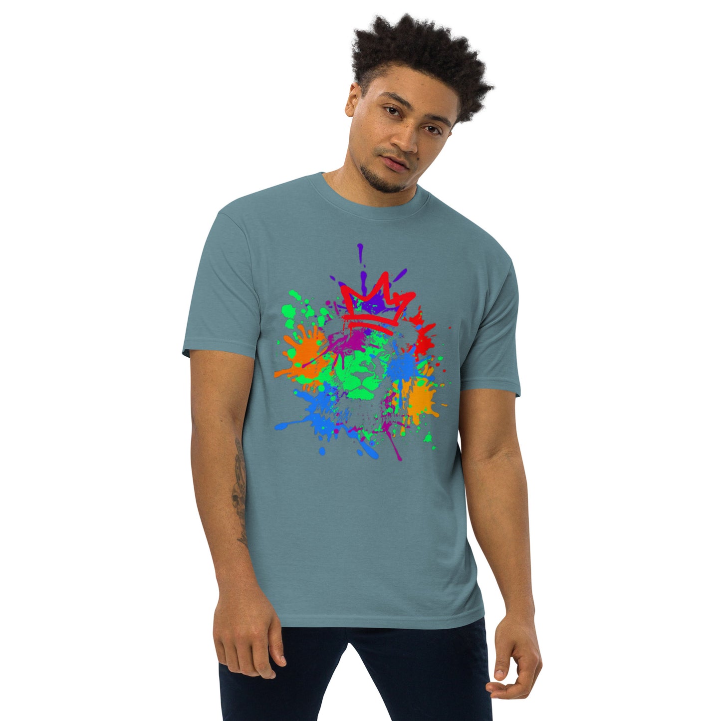 Crowned Lion, Splash Background, Pomegranate, Men’s premium heavyweight tee