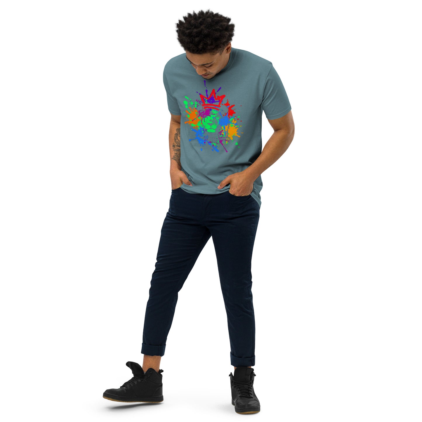 Crowned Lion, Splash Background, Pomegranate, Men’s premium heavyweight tee