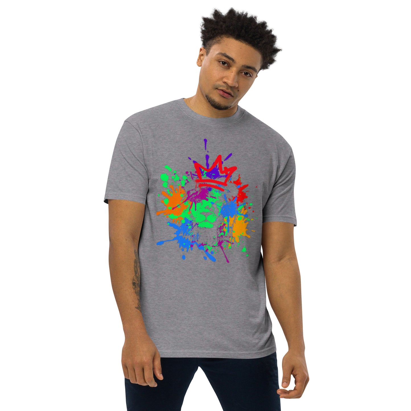 Crowned Lion, Splash Background, Pomegranate, Men’s premium heavyweight tee