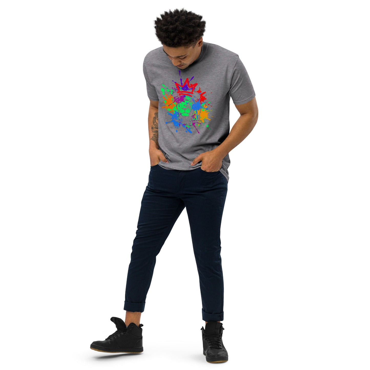 Crowned Lion, Splash Background, Pomegranate, Men’s premium heavyweight tee