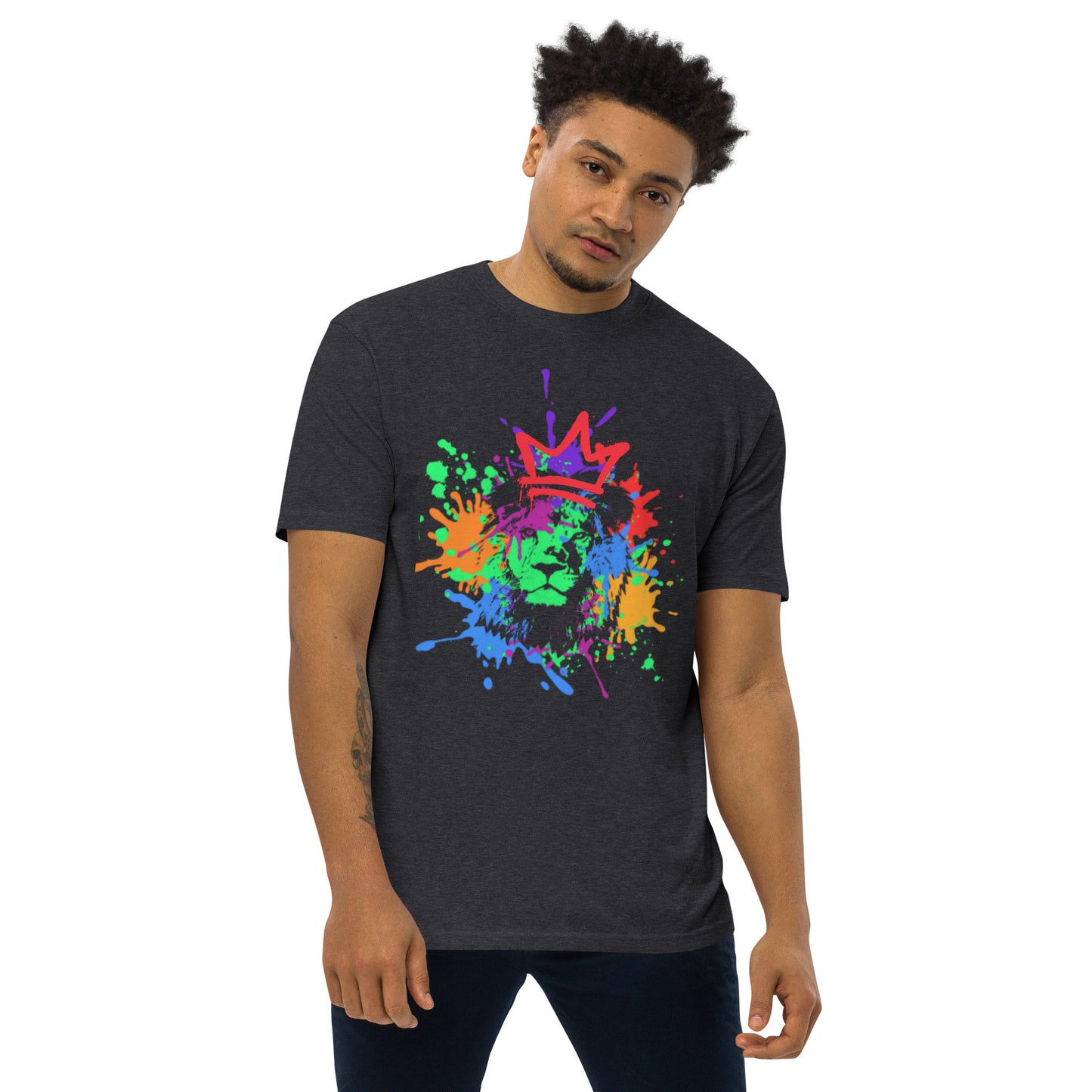 Crowned Lion, Splash Background, Pomegranate, Men’s premium heavyweight tee