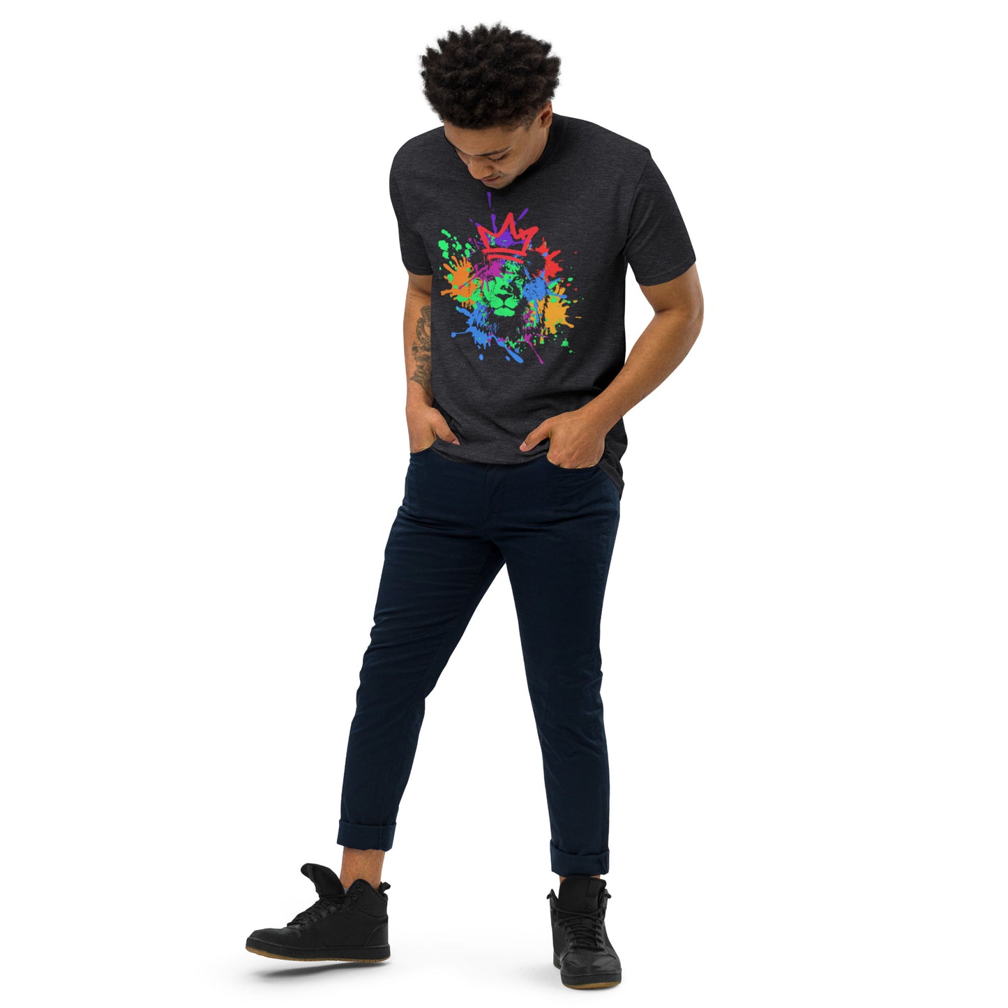 Crowned Lion, Splash Background, Pomegranate, Men’s premium heavyweight tee