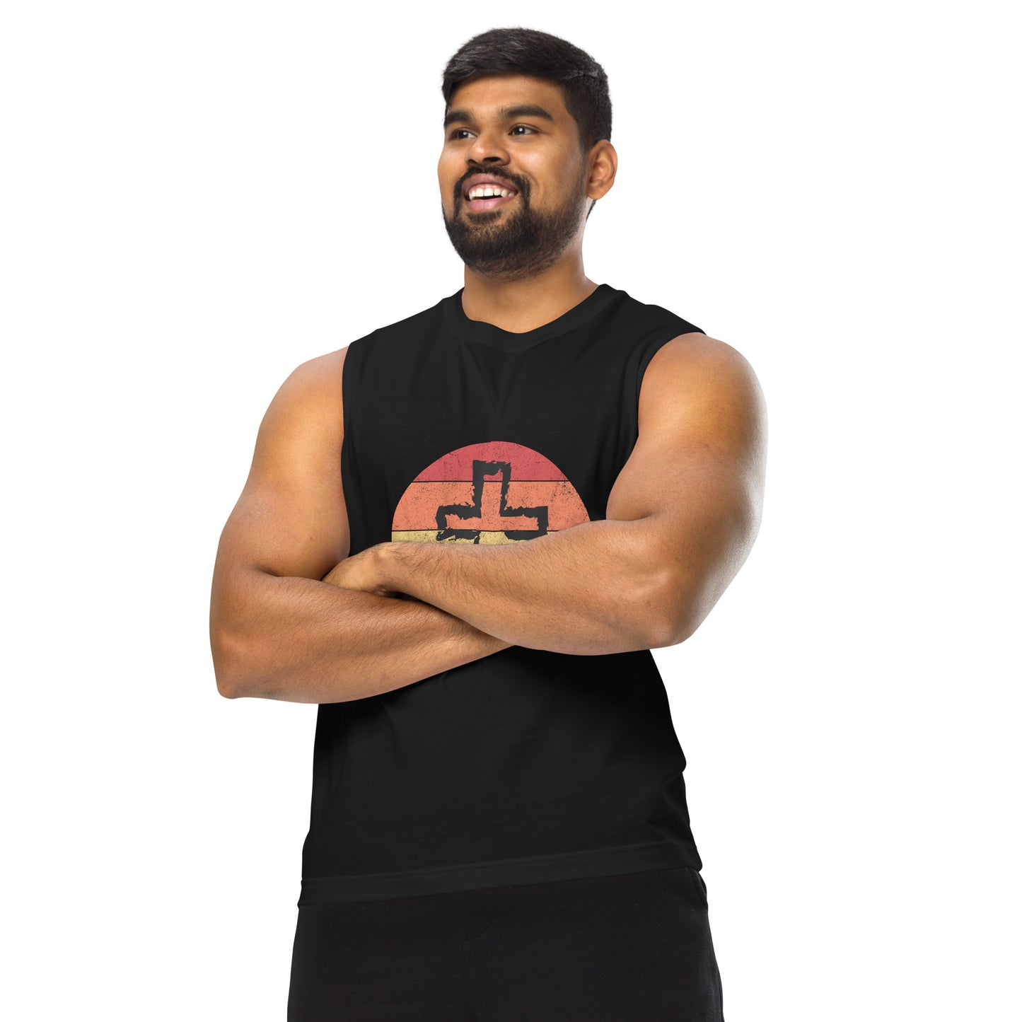Retro Sunset Cross. Unisex Muscle Shirt.