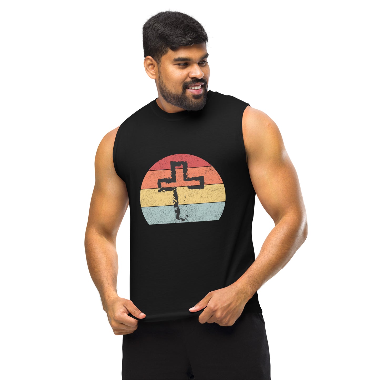 Retro Sunset Cross. Unisex Muscle Shirt.
