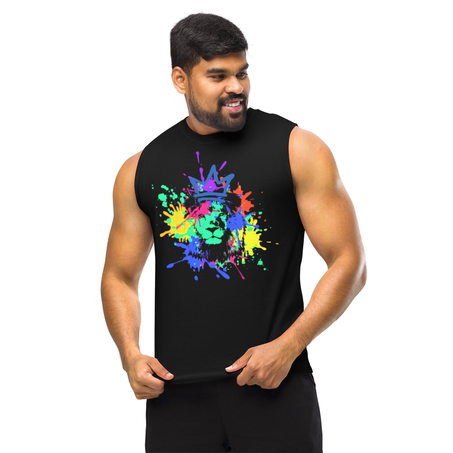 Crowned Lion, Splash Background, Blue Royal, Muscle Shirt