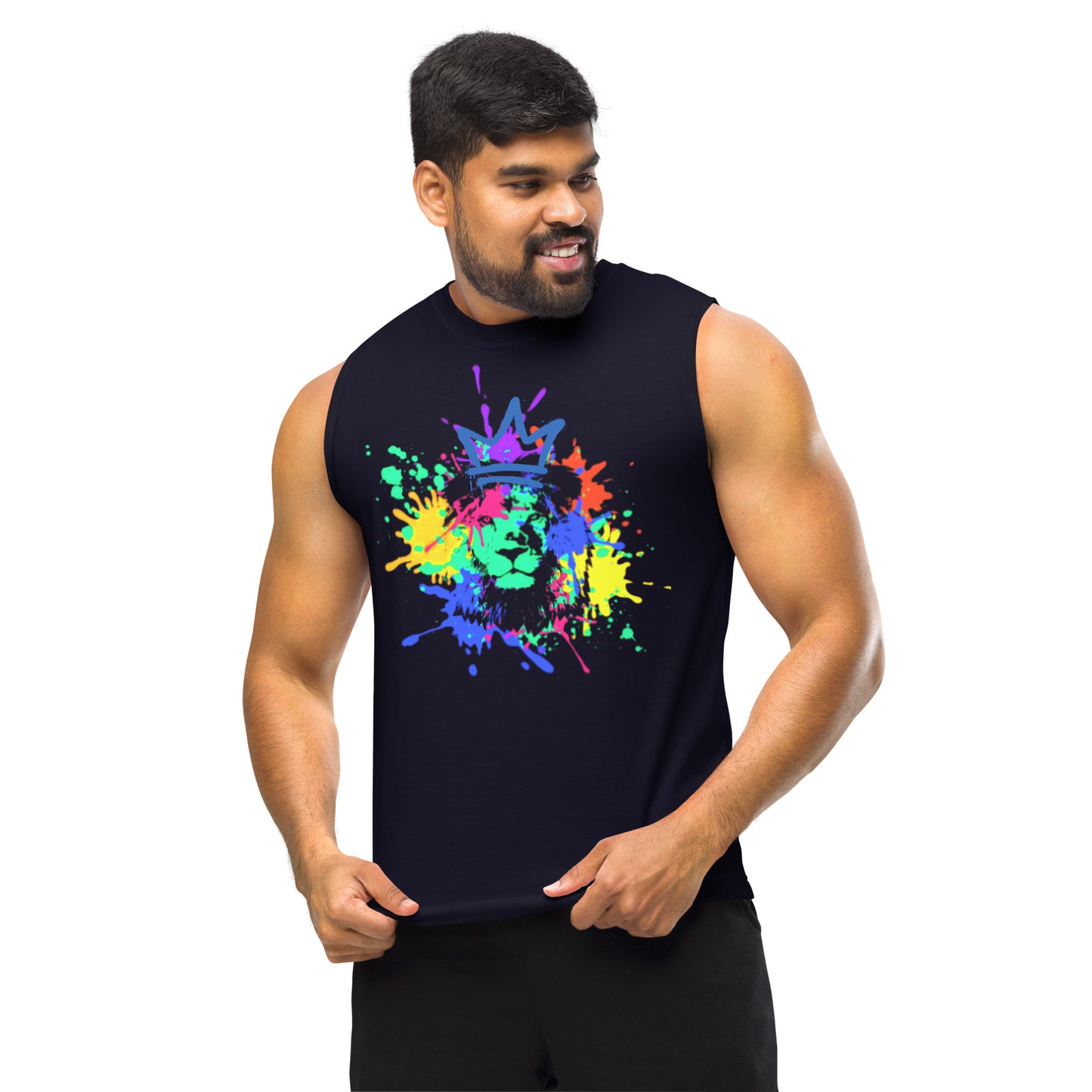 Crowned Lion, Splash Background, Blue Royal, Muscle Shirt