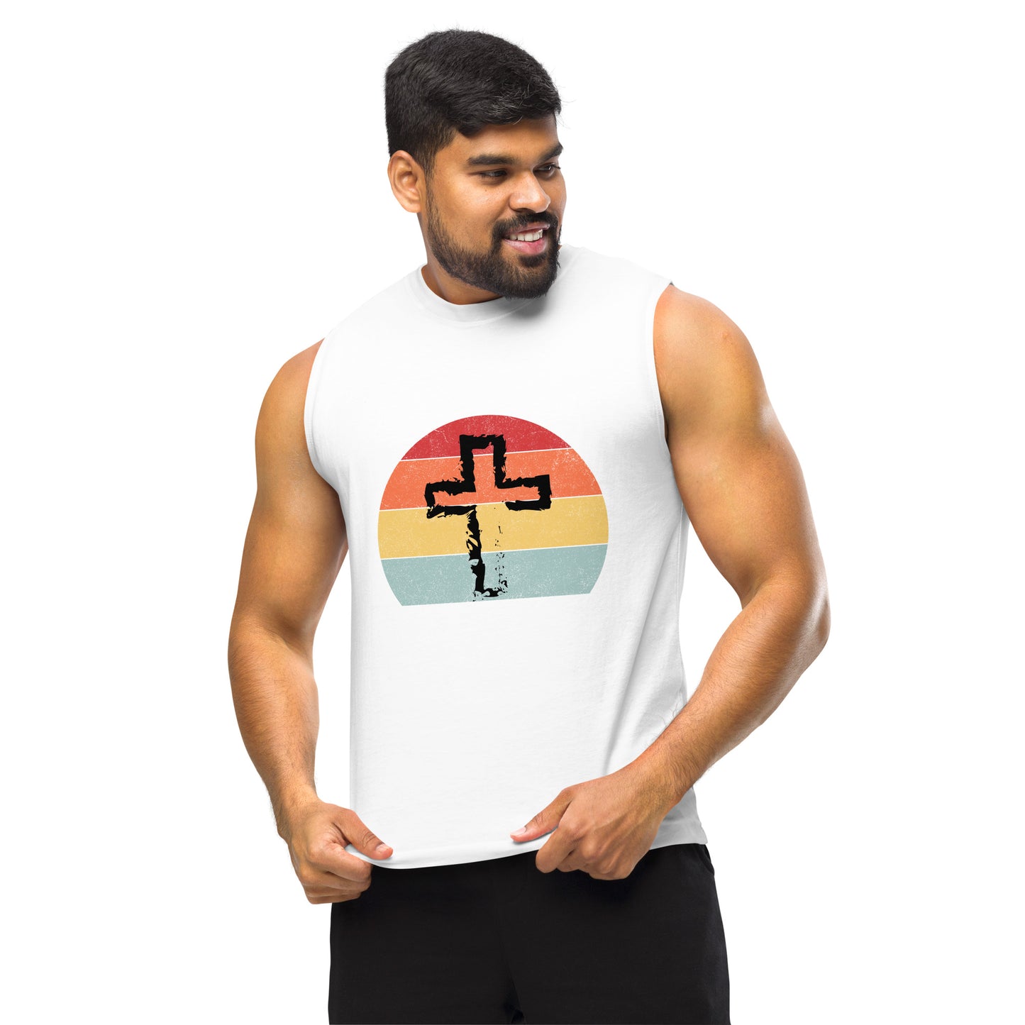 Retro Sunset Cross. Unisex Muscle Shirt.