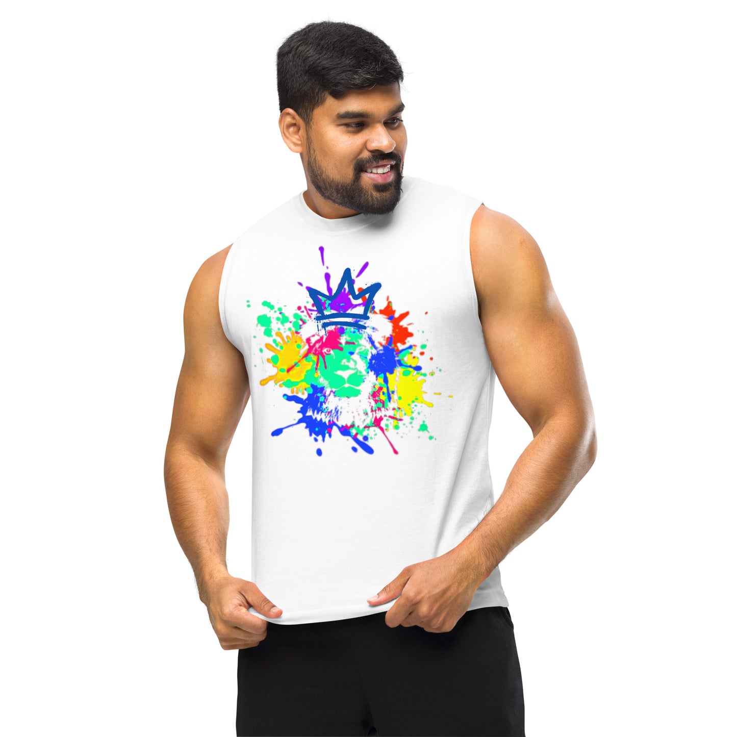 Crowned Lion, Splash Background, Blue Royal, Muscle Shirt